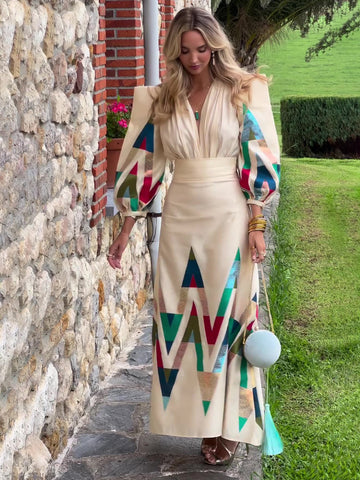 Woochic robe à manches longues deux-pièces col en V imprimé plissé abricot S